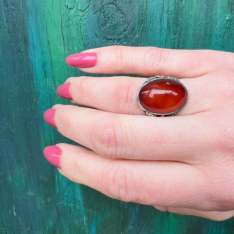 Grapes and Leaves Carnelian Silver Ring