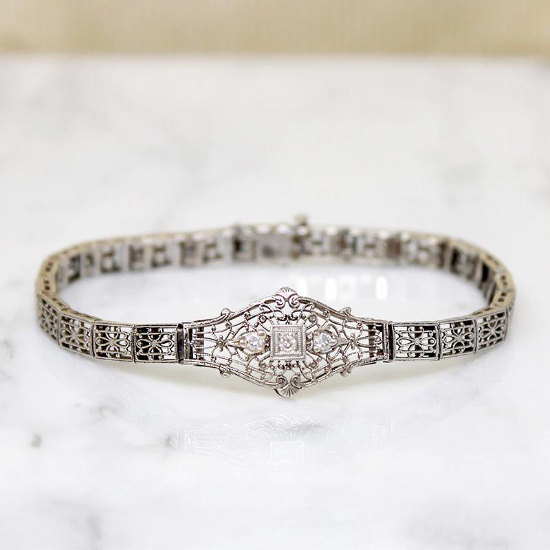 Lacy Filigree Diamond Art Deco Line Bracelet – Gem Set Love