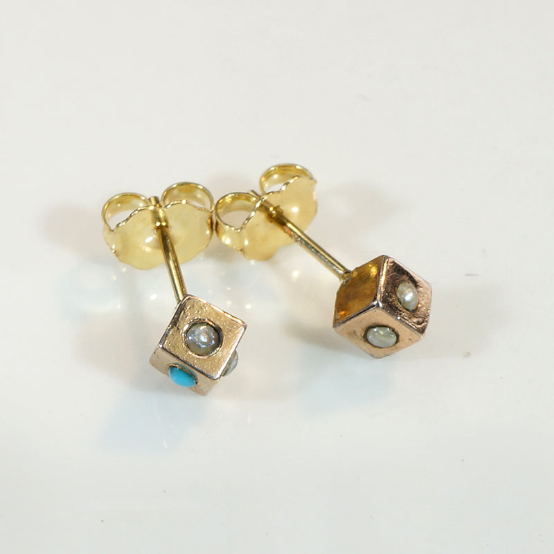 Rosy Gold Cube Stud Earrings with Pearls & Turquoise
