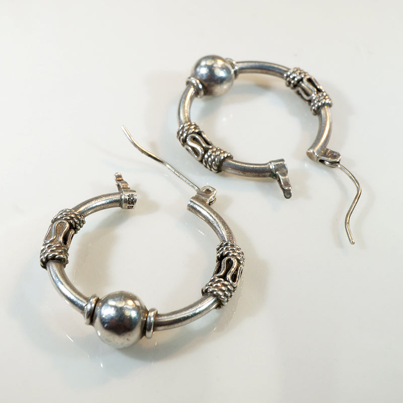 Sterling Hoop Earrings Banded with Filigree