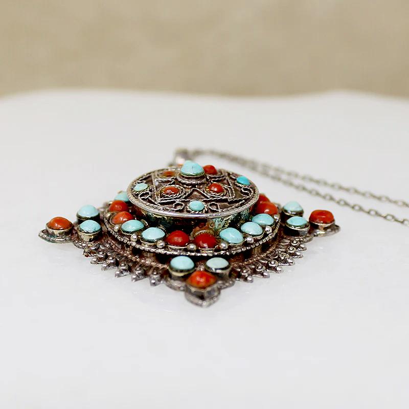 Silver Filigree Cruciform Pendant with Turquoise & Coral