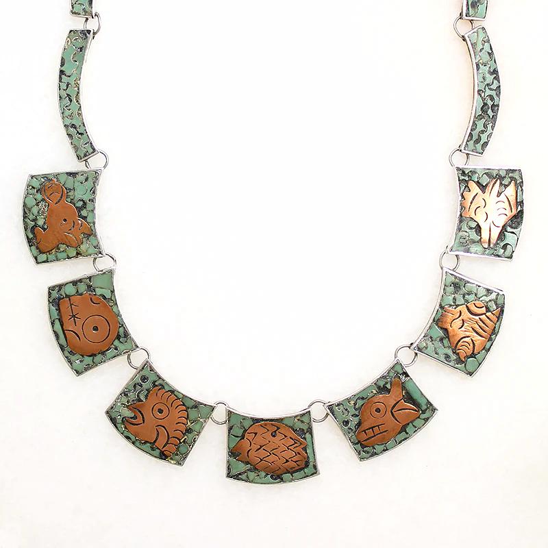 Whimsical Copper & Turquoise Animal Inlay Necklace
