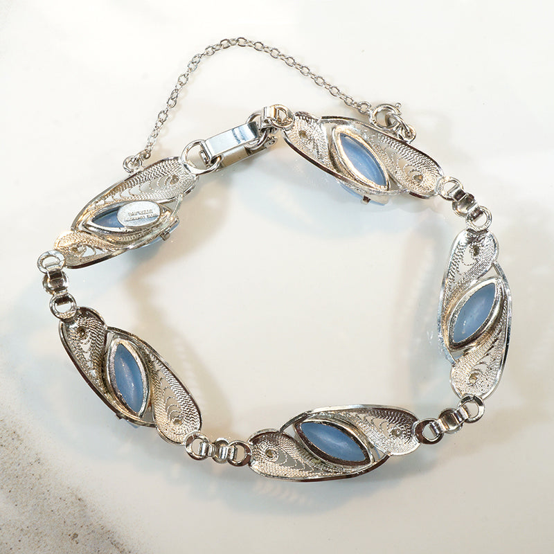 Sterling Filigree & Blue Glass Cats Eye Bracelet