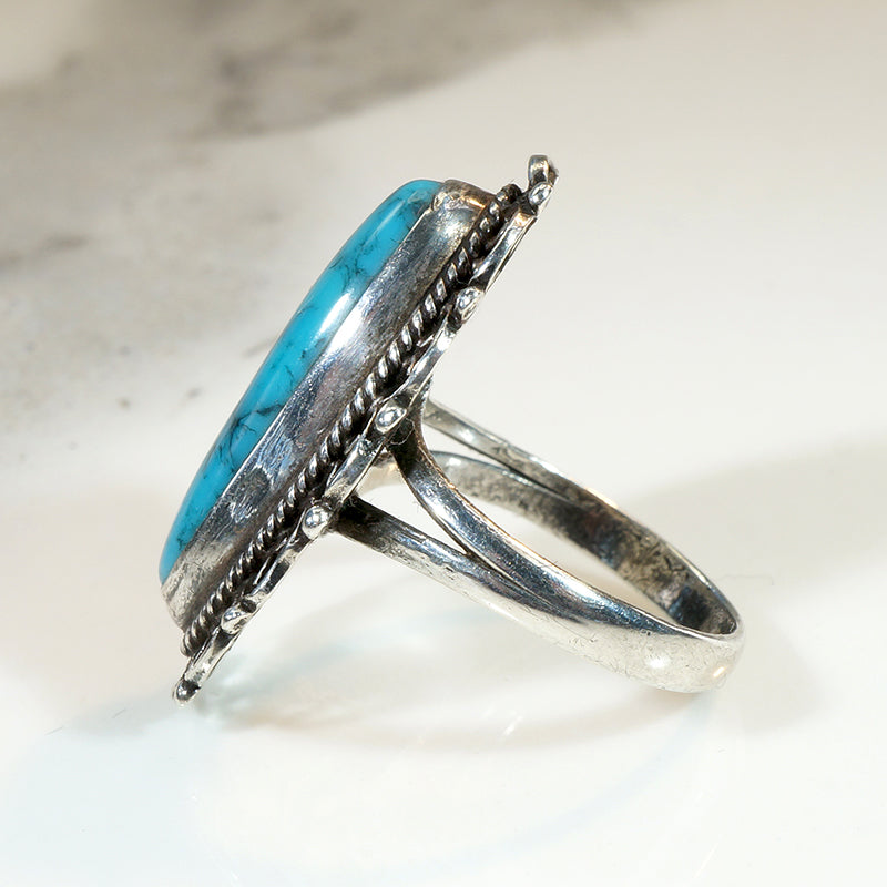 Turquoise Colored Glass in Sterling Filigree Ring