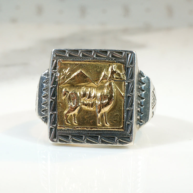 Peruvian Llama Signet Ring in Silver & 18k Gold