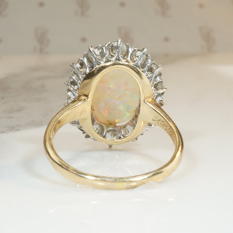 Shimmering Antique Opal and Old Euro Cut Diamond Halo Ring