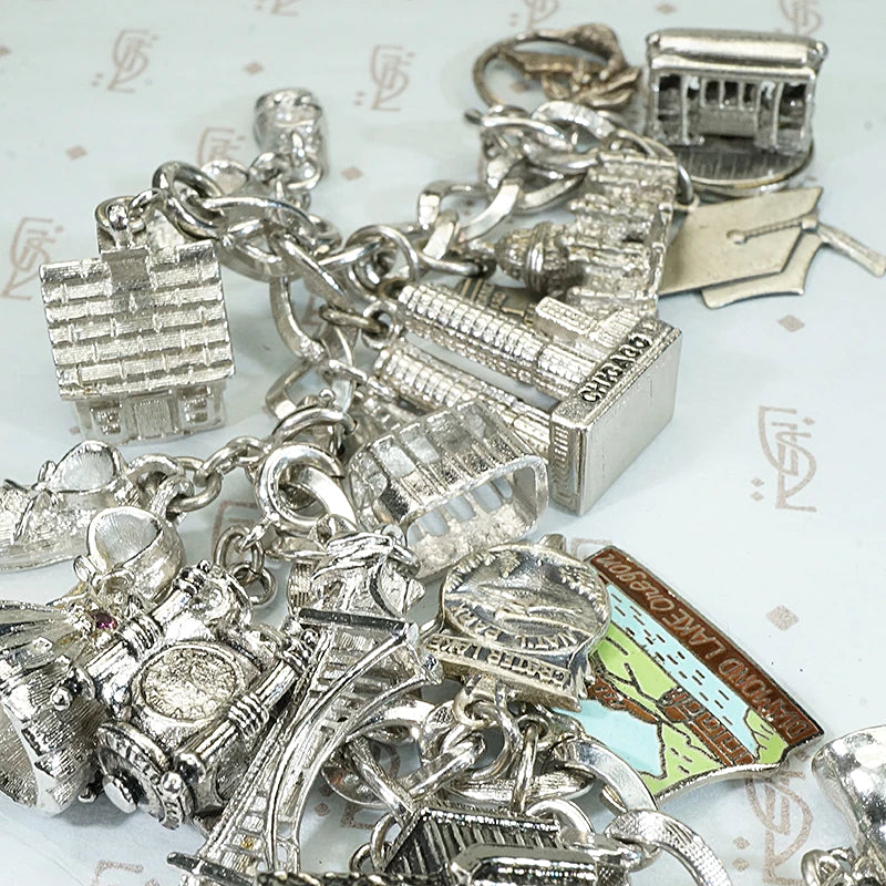 Vintage 1930/50's Automade Sterling Silver Charm Bracelet W/ 24 Sterling  Charms