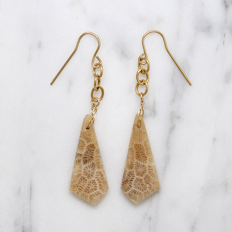 Fossilized Coral Kite & Gold Fill Earrings by Brin