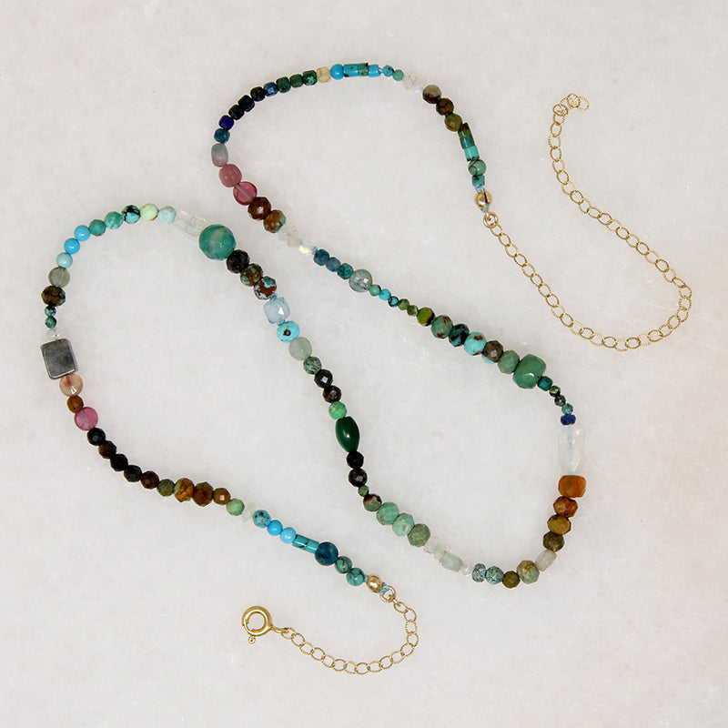 Green, Mauve & Gold Gemstone Bead Necklace by Brin