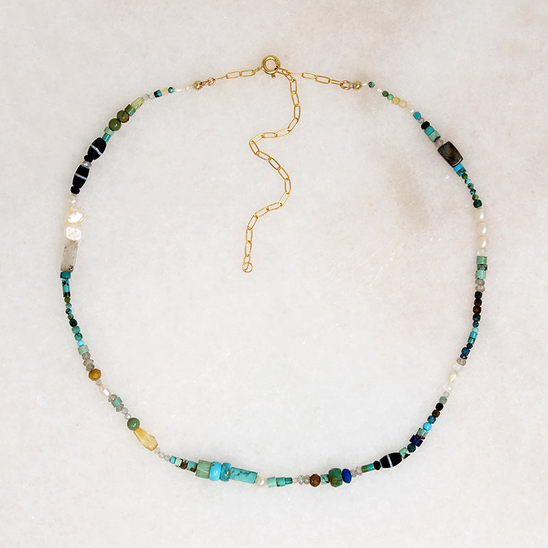 Blue, Green & Gold Gemstone Bead Necklace by Brin