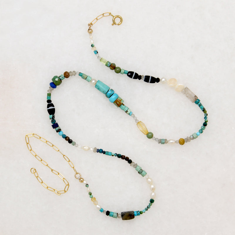 Blue, Green & Gold Gemstone Bead Necklace by Brin