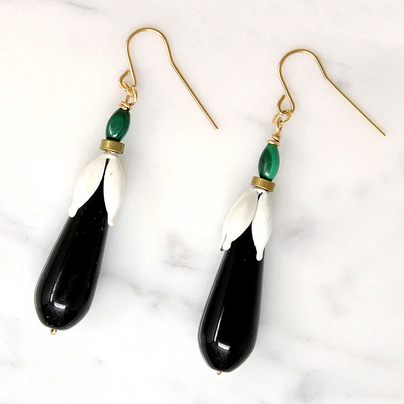 Onyx Drops in Enamel Bead Cap Earrings by Brin