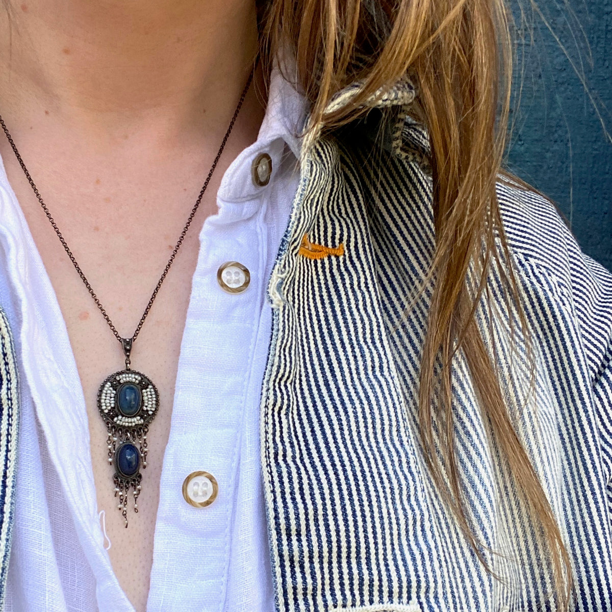Austro-Hungarian Lapis and Pearl Fringed Pendant