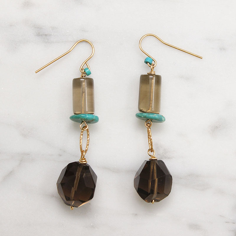 Playful Smoky Quartz & Turquoise Earrings by Brin