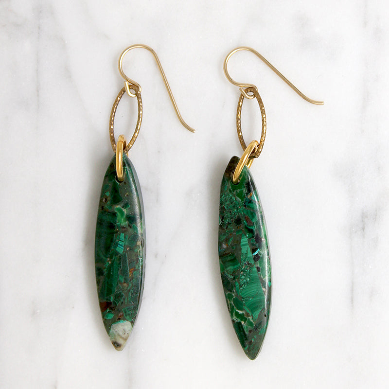 Vibrant Malachite Navette & Gold Fill Earrings by Brin