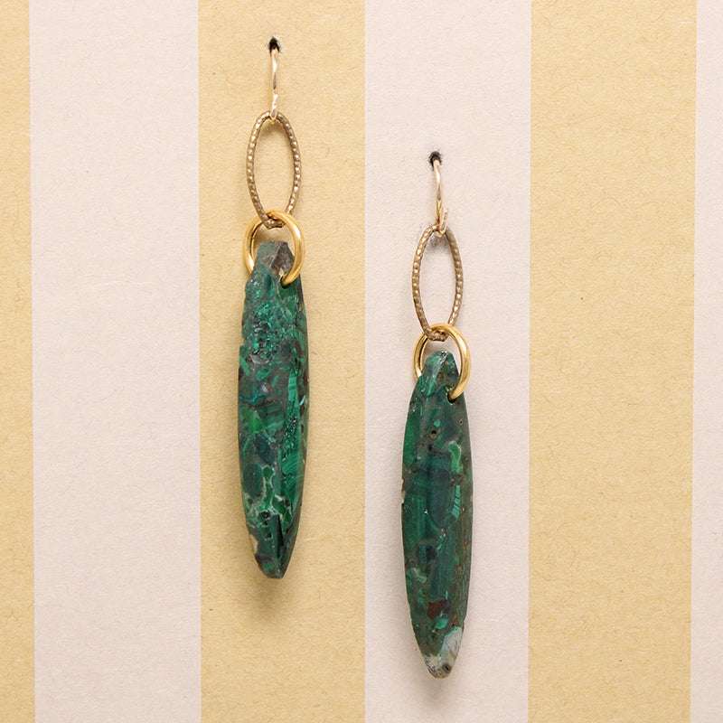 Vibrant Malachite Navette & Gold Fill Earrings by Brin