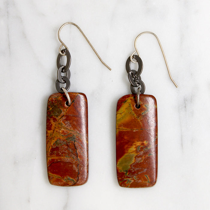 Oblong Jasper Drops & Sterling Chain Earrings by Brin