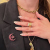 Mystical Crescent Moon & Star Bohemian Garnet Brooch