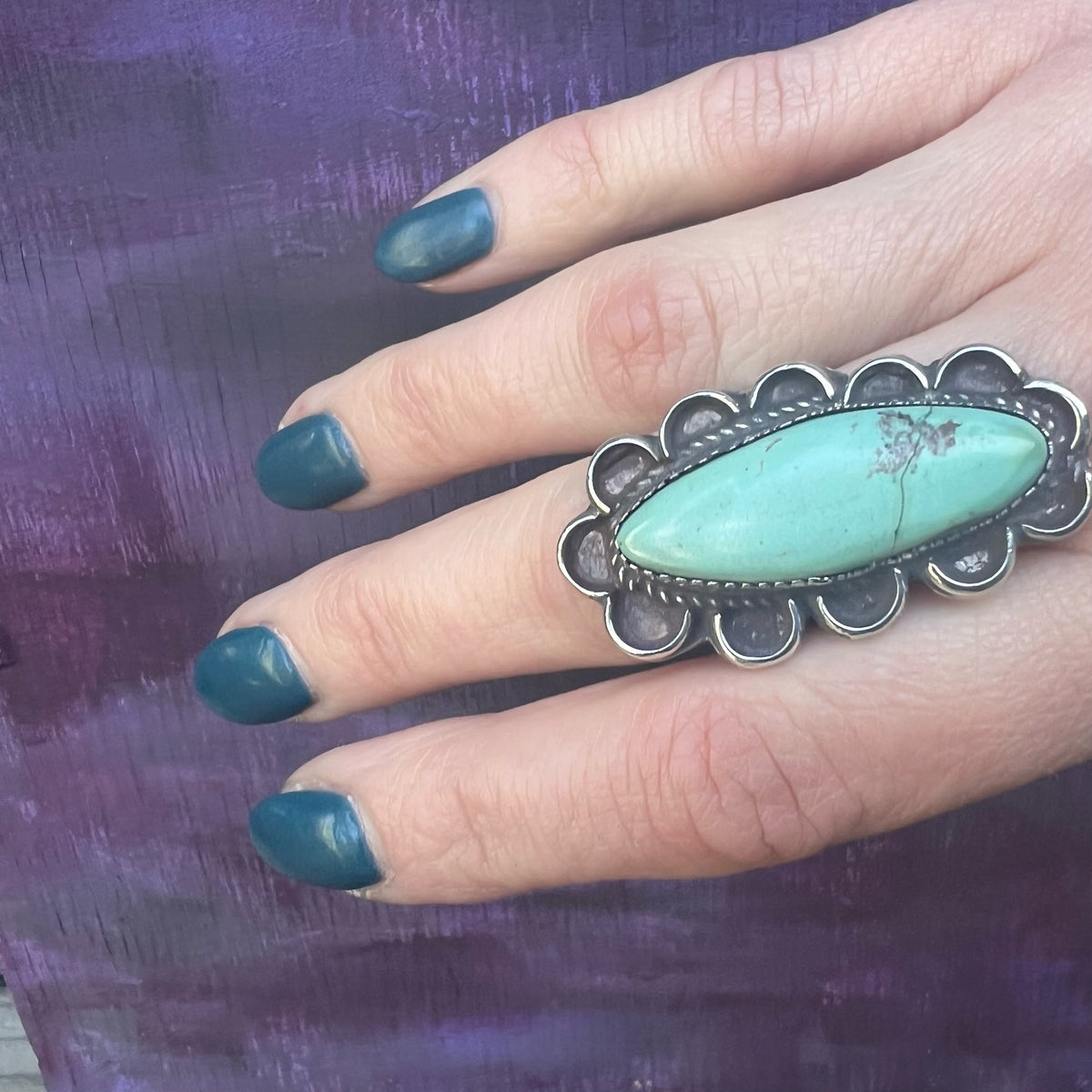 Tranquil Green Turquoise in Long Sterling Overlay Ring