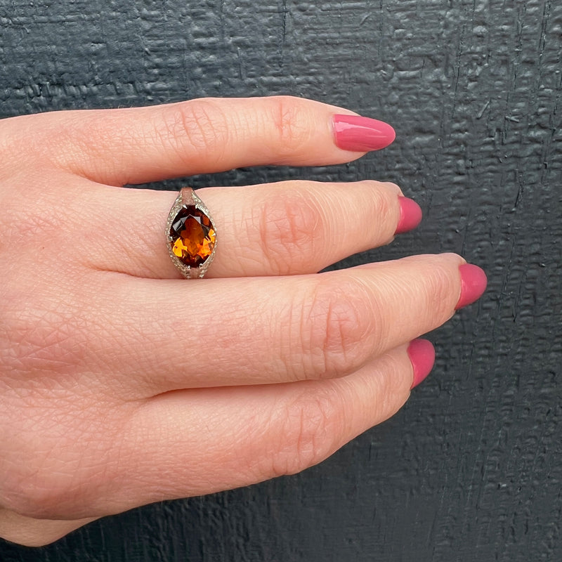 Glittering Cognac-Colored Citrine Filigree Ring