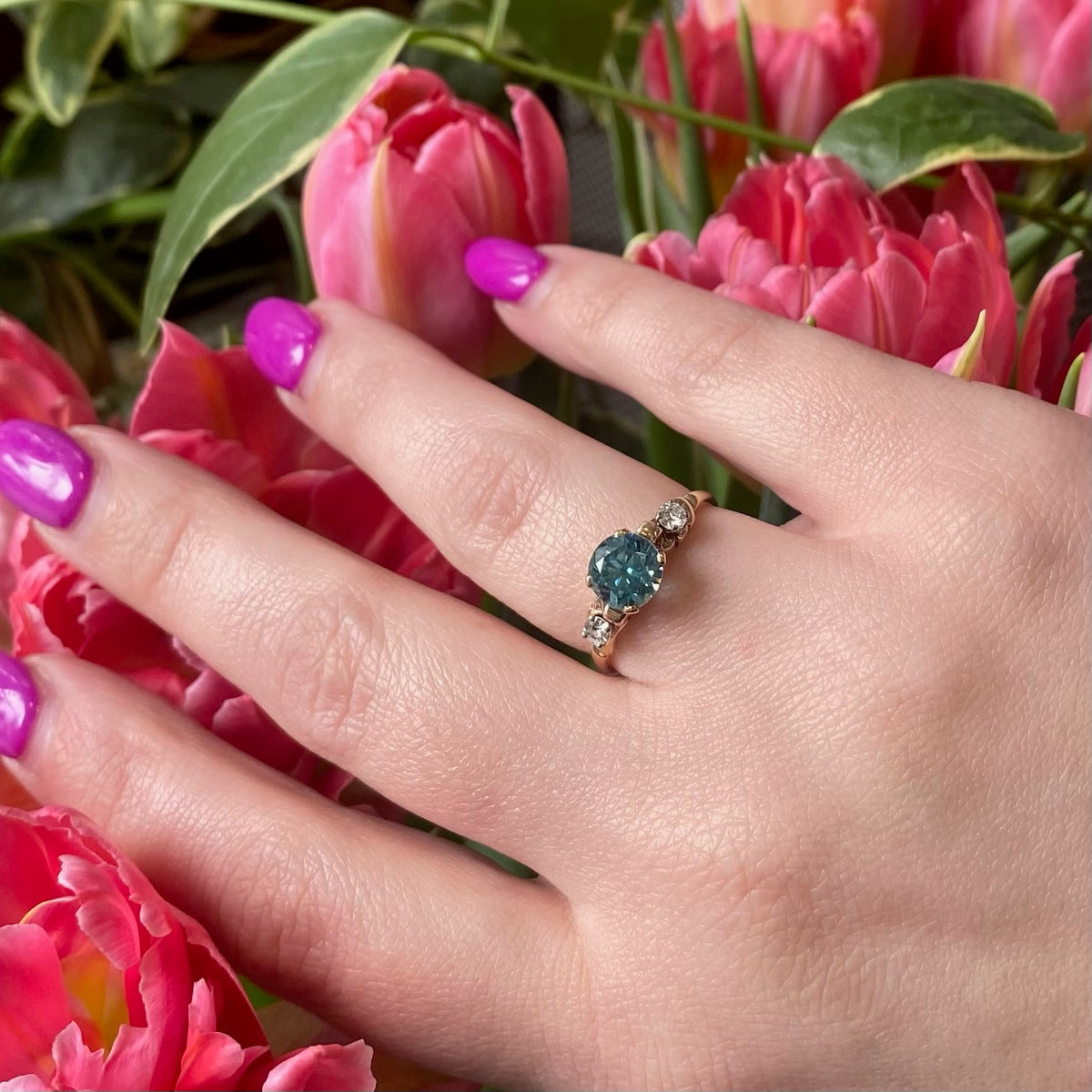 Brilliant Blue Zircon and Diamond Engagement Ring