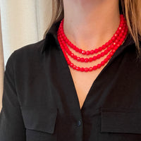 Three-Strand Faceted Red Glass Bead Necklace