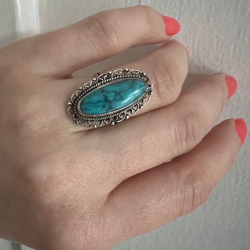 Turquoise-Colored Glass in Sterling Filigree Ring