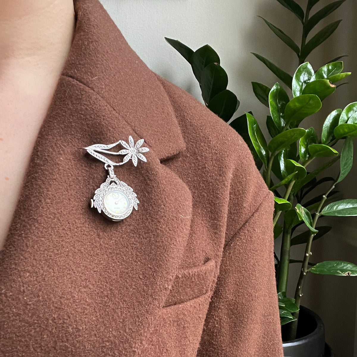 Sterling & Marcasite Flower Watch Brooch