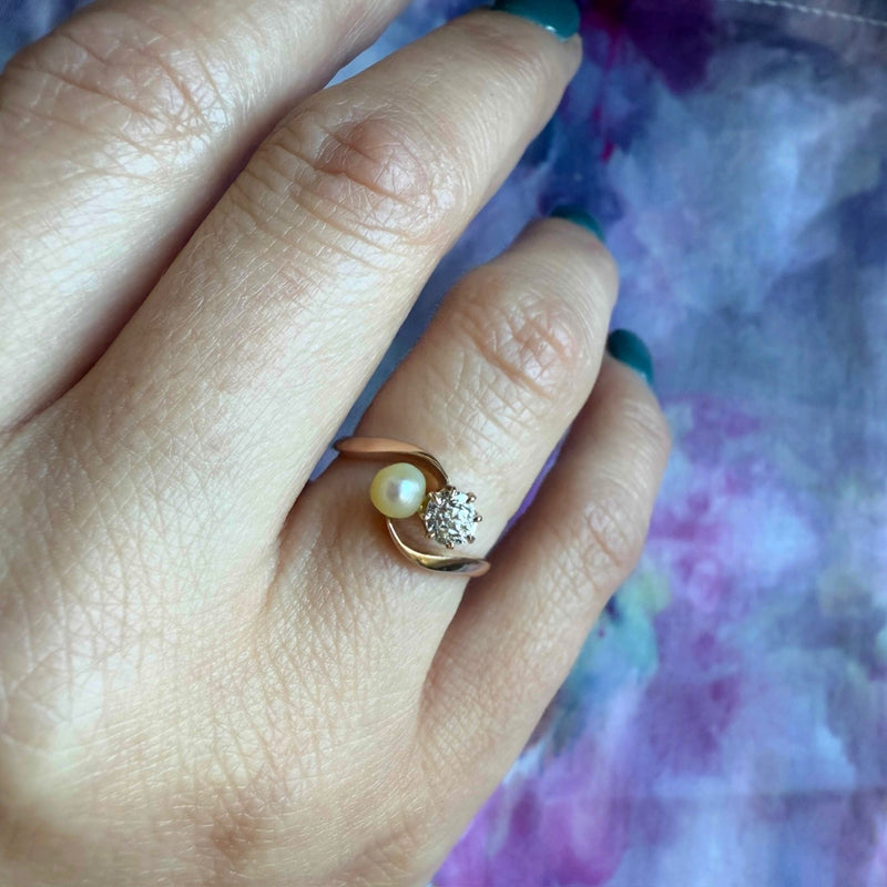 Old Mine Cut Diamond & Pearl in Rose Gold Bypass Ring
