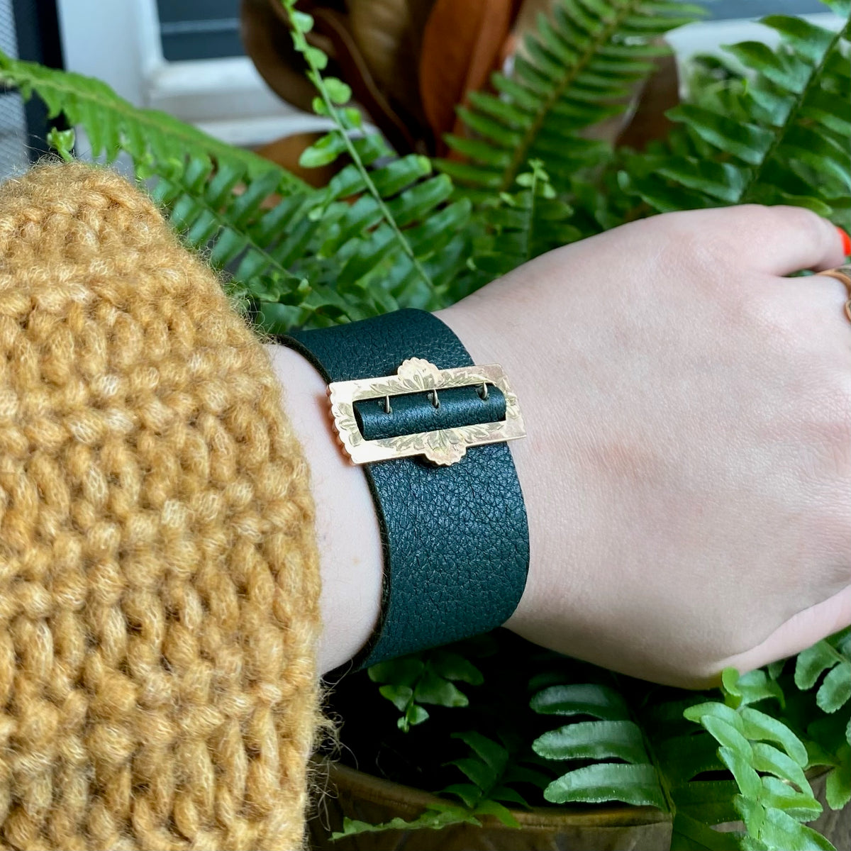 Ornate Buckle & Green Leather Bracelet by Ancient Influences