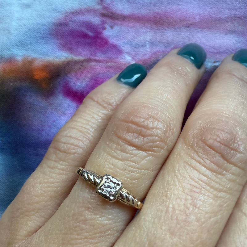 Two-Tone Gold Retro Diamond Solitaire Ring