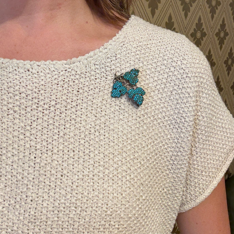 Pavé Persian Turquoise Grape Leaf Brooch
