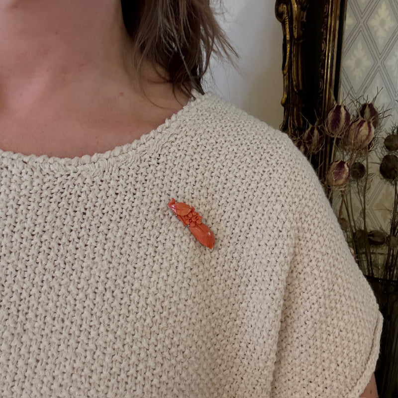 Art Deco Era Carved Coral Flora Brooch