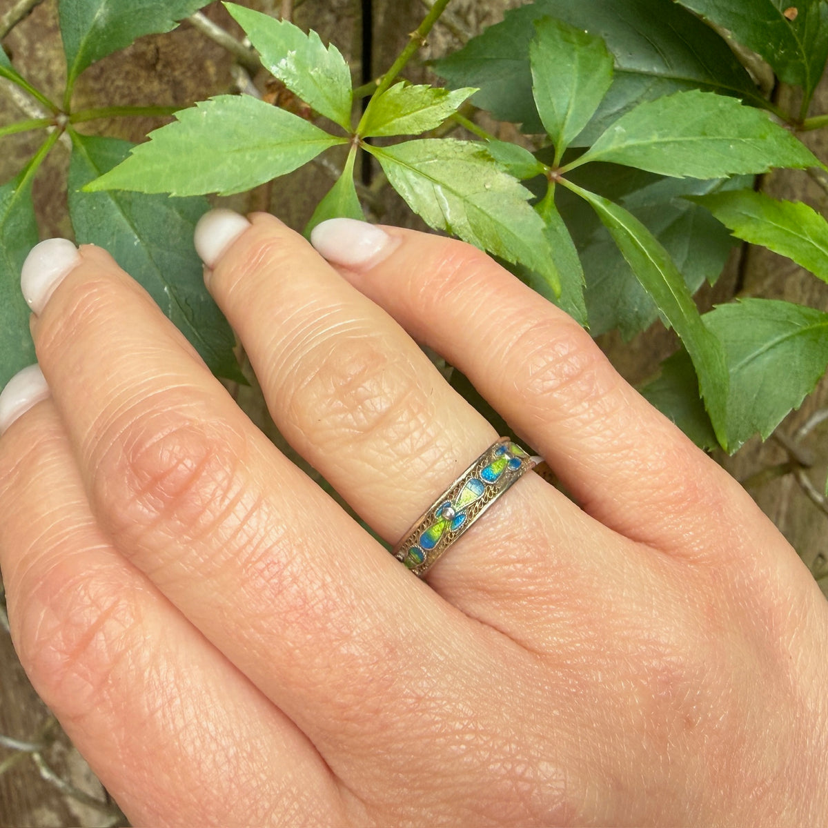 Chinese Silver Gilt Filigree & Enamel Flowers Band