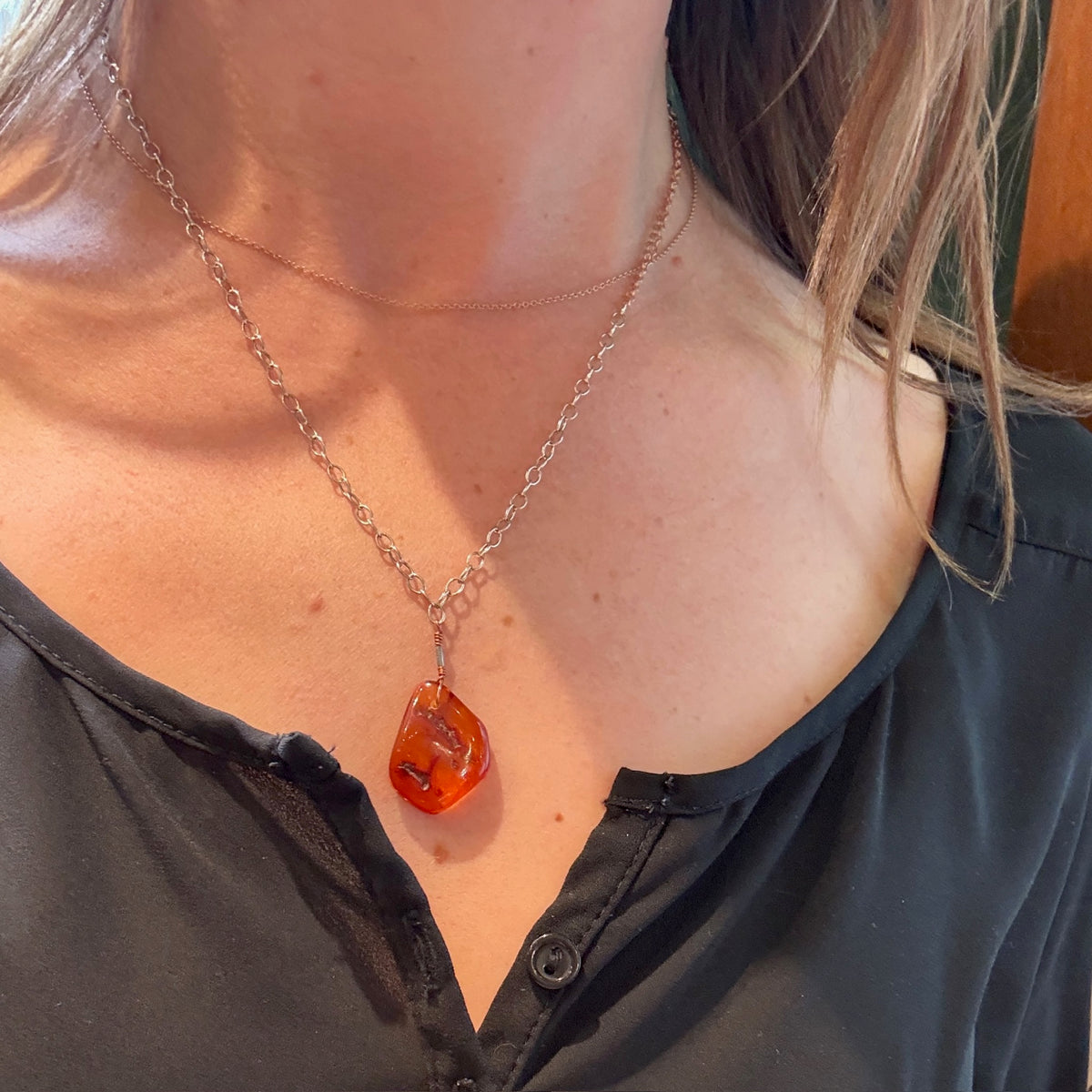 Amber Pendant on Two-Tone Chain by Ancient Influences
