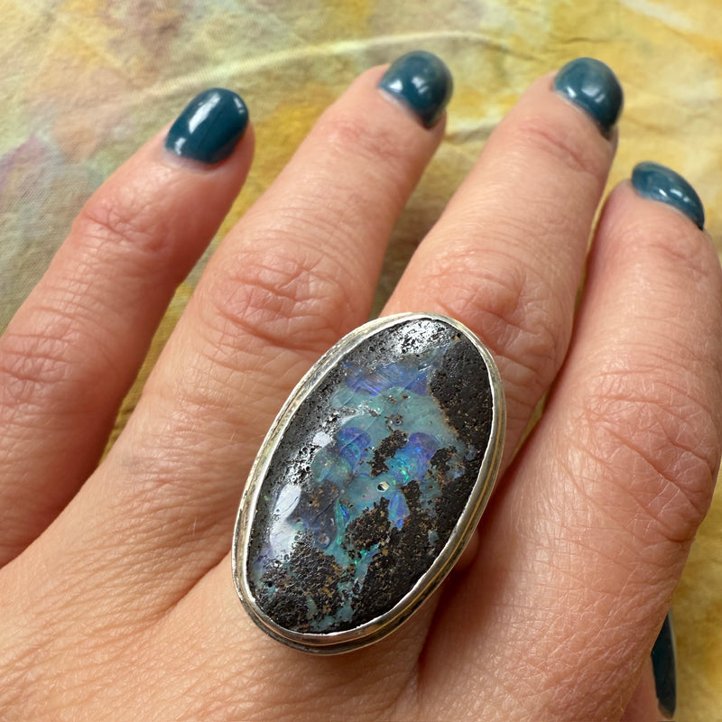 Unusual Opal in Engraved Sterling Silver Ring