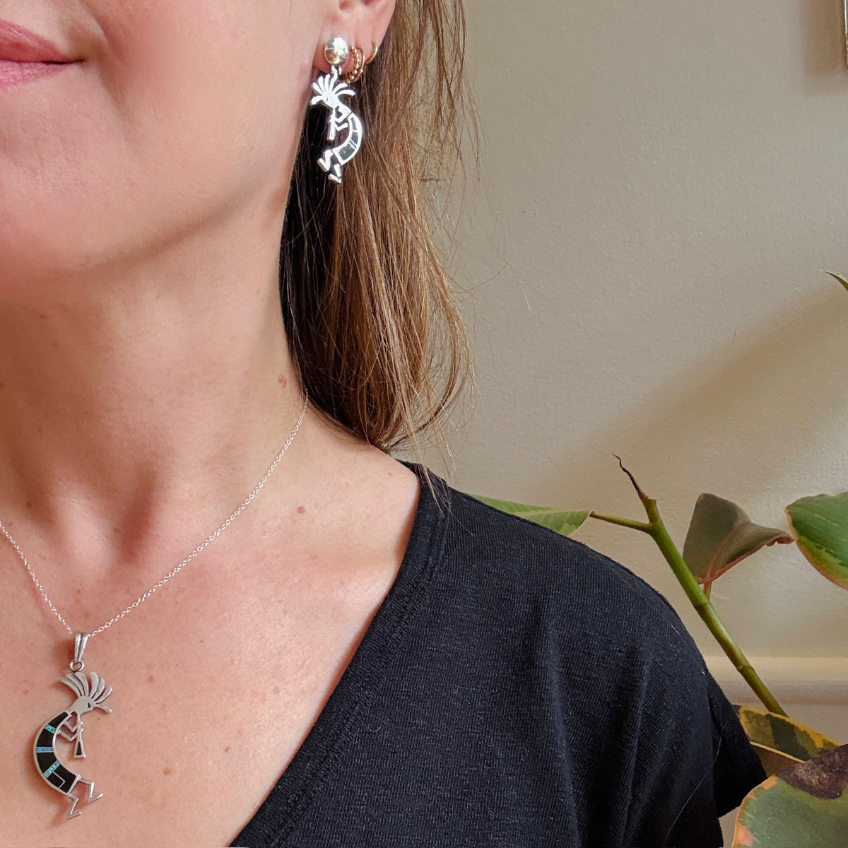Vivacious Kokopelli Earrings with Onyx & Opal Inlay