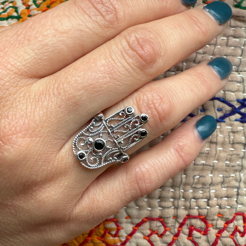 Sterling Filigree Hand of Fatima Ring with Onyx Accents