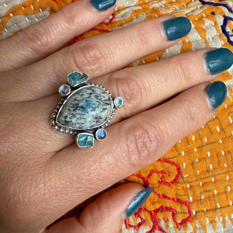 Icy Agate, Moonstone & Aquamarine Artisan Ring