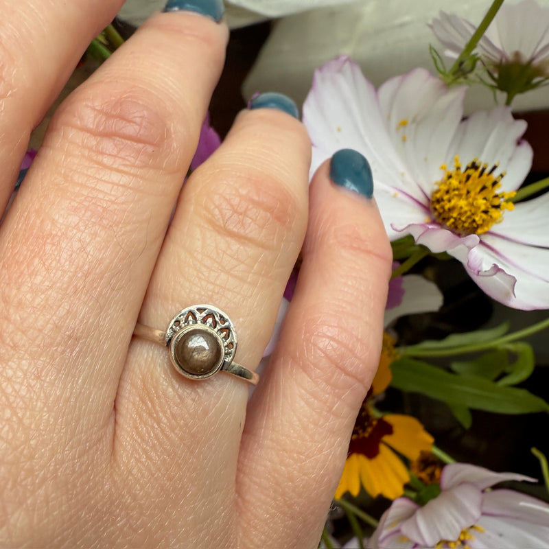Crescent Moon Crown Brown Labradorite Artisan Ring