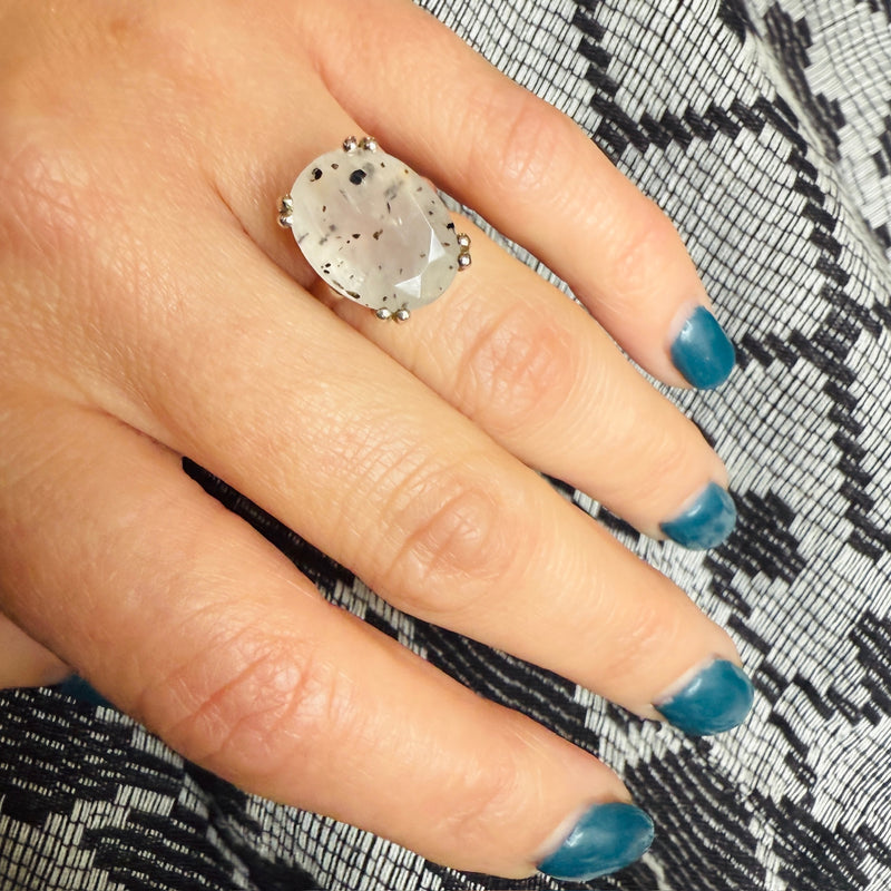 Oval Speckled Quartz in Sterling Silver Statement Ring