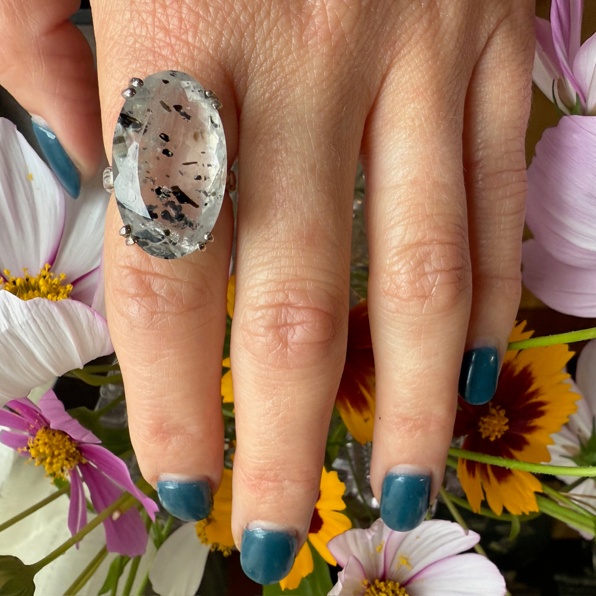 Peppered Quartz in Engraved Artisan Cocktail Ring