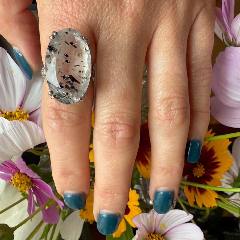 Peppered Quartz in Engraved Artisan Cocktail Ring
