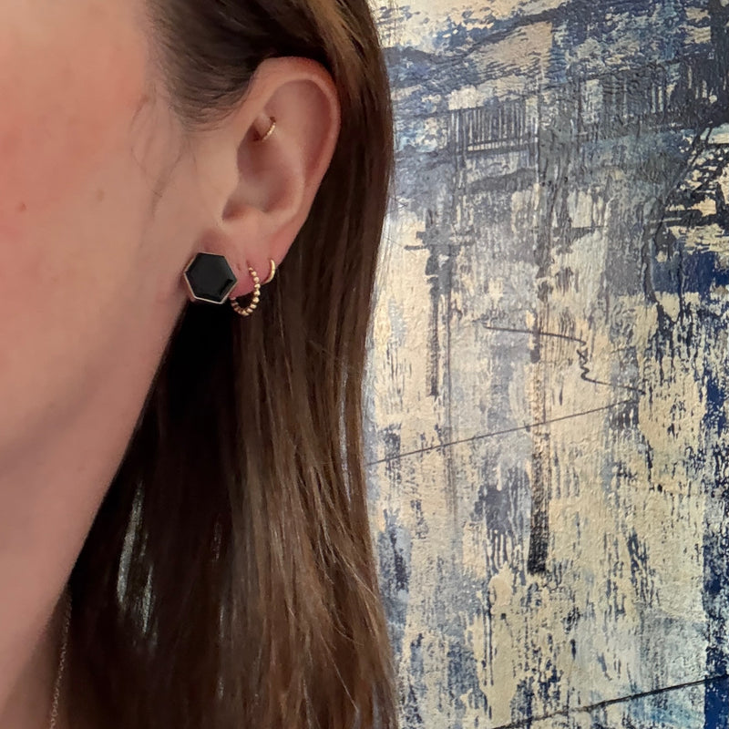 Pitch Black Onyx Hexagons in Sterling Stud Earrings