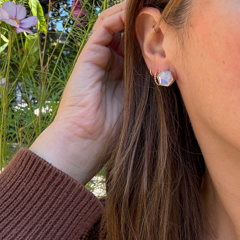 Iridescent Moonstone Hexagons in Sterling Stud Earrings