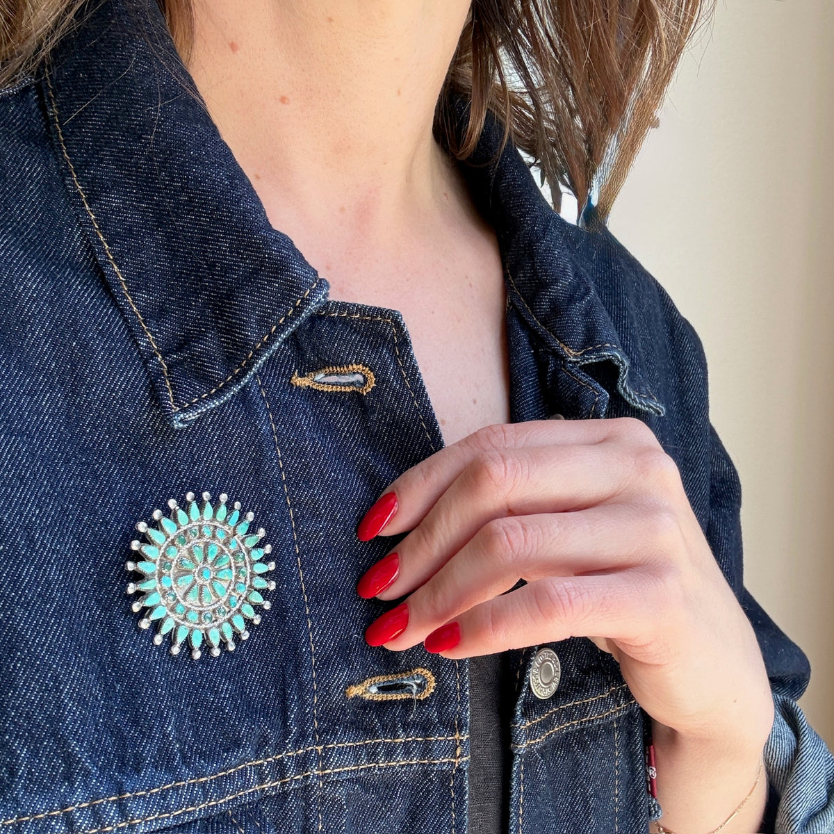 Radiant Zuni Turquoise Petit Point Sunflower Brooch