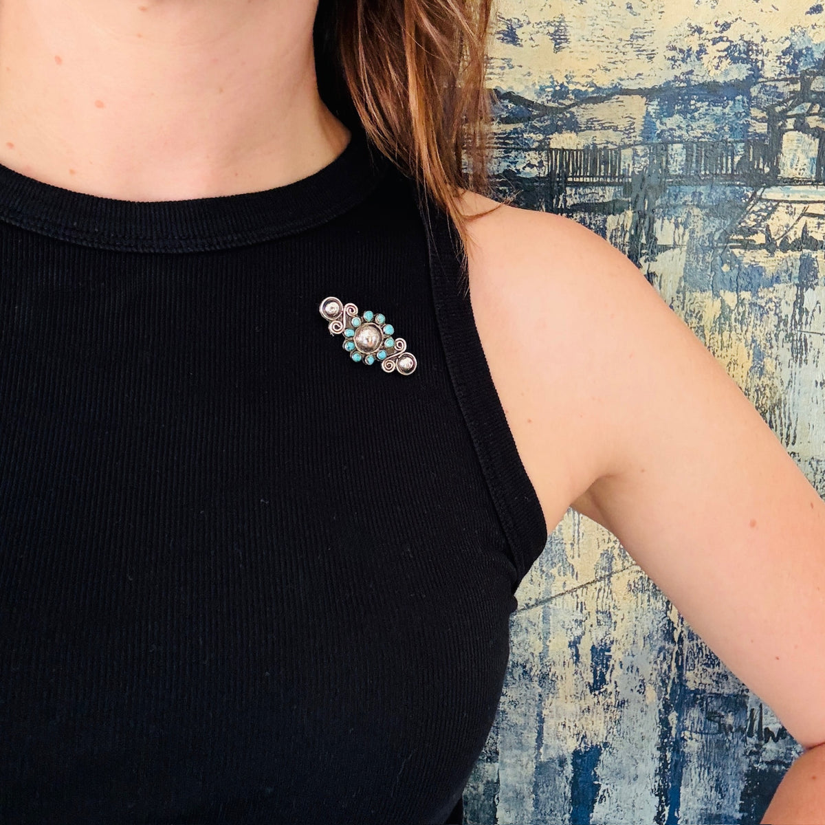 Sterling Silver & Turquoise Flower Brooch