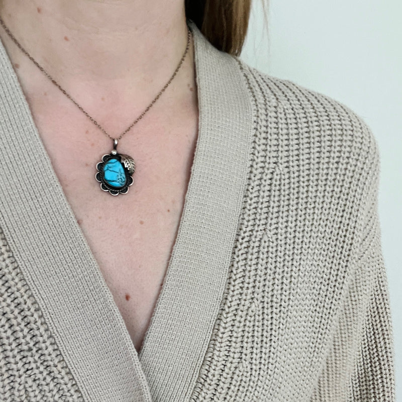 Natural Turquoise & Sterling Pendant with Navajo Details