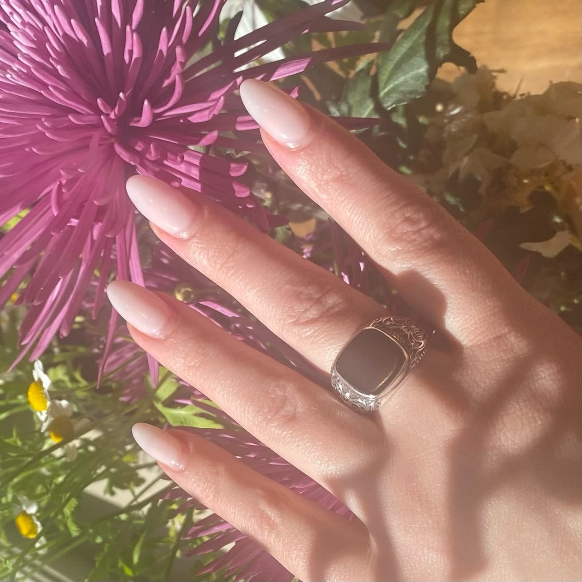 Black Onyx & Engraved Sterling Artisan Signet Ring