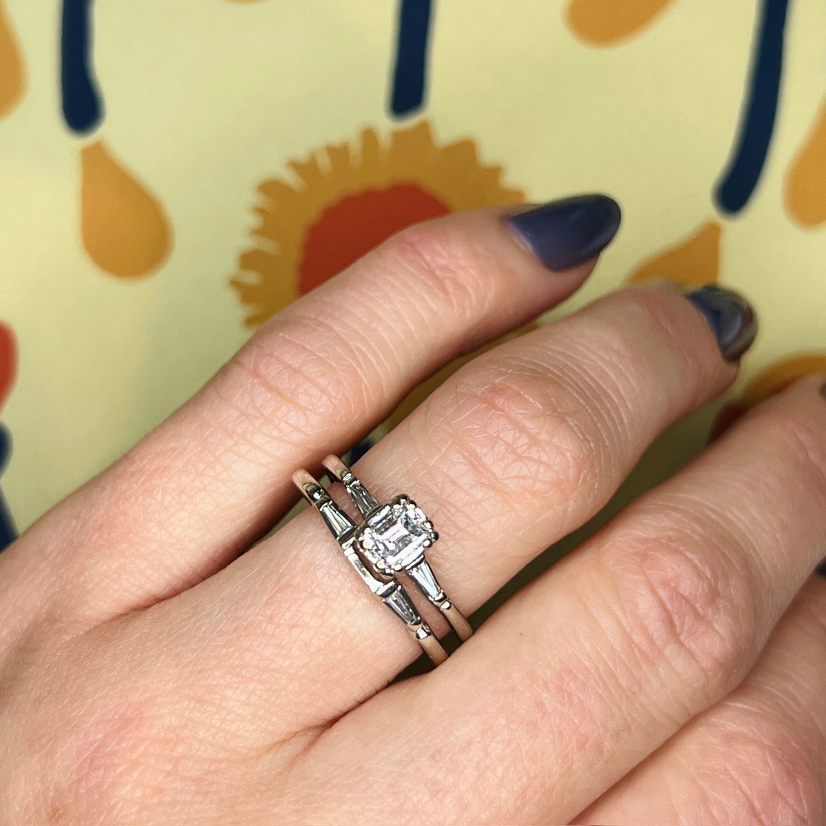 Elegant Mid-Century Emerald Step Cut Diamond Wedding Set